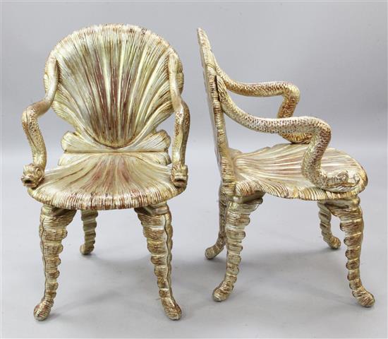 A pair of Venetian style giltwood grotto chairs, H.3ft